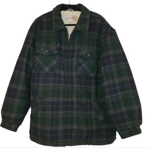 NATURAL LIFE Green/Blue Plaid Wool Blend Zip Front Coat Sherpa Lined Size XL